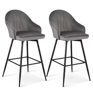 Set of 2 29.5 in. Gray Velvet Bar Stools Swivel Pub Height Dining Chairs with Metal Legs
