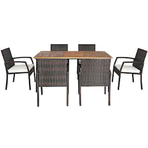 7-Piece Patio Outdoor Dining Set, Umbrella Hole, Solid Wood Weather-Resistant PE Wicker, White Cushions