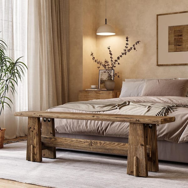 Rita 59 in. Rustic Brown Wood Rectangular Entryway Bench Hallway Living Room Modern Simple Shoe Stool 4-Legs