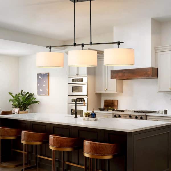Charvic 3-Light Modern Farmhouse Black Linear Drum Fabric Pendant Light /Kitchen Island Lights with Fabric Shade