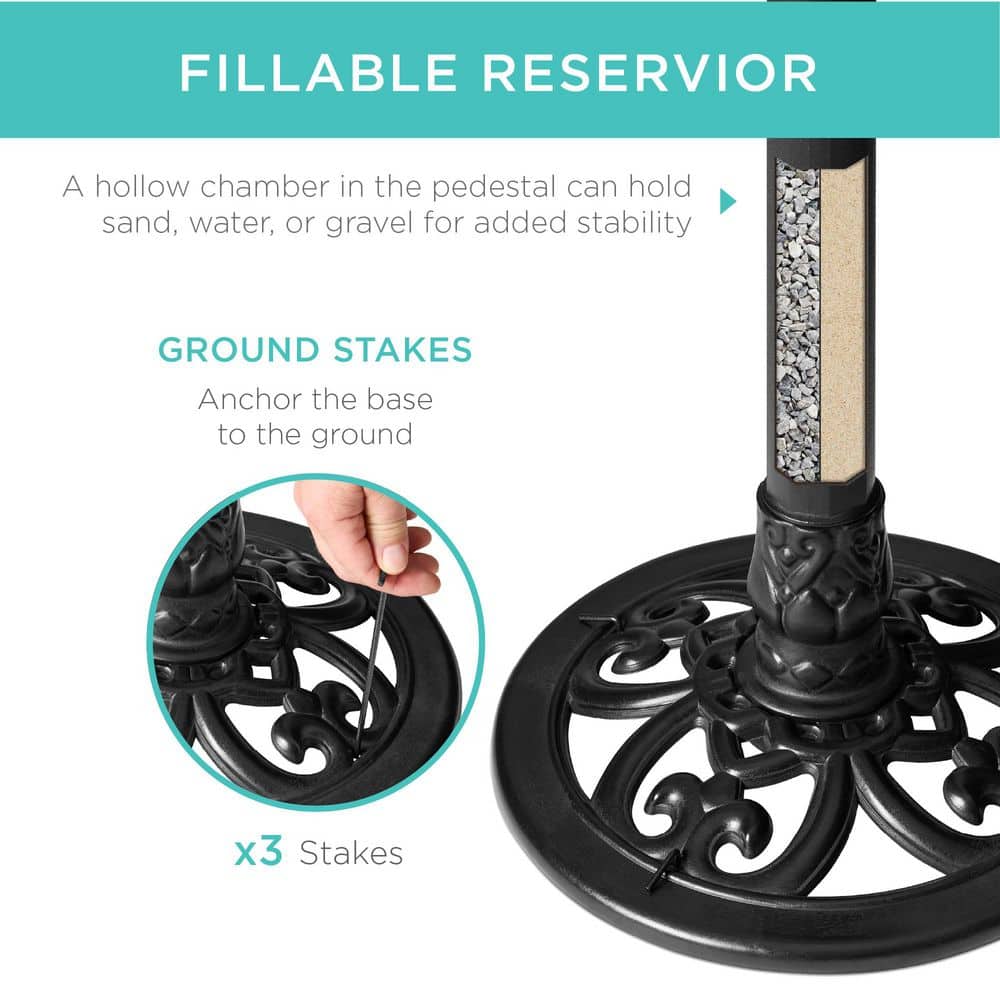 Black Polyresin Outdoor Pedestal Bird Bath with Fleur-de-Lis Accents