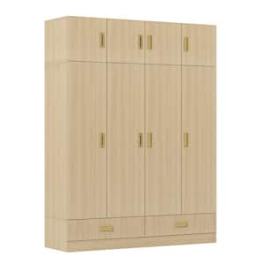 Brown Wood 63 in. W 8-Door Big Wardrobe Armoires with Hanging Rod, 2-Drawers, Storage Shelves 82.7 in. H x 18 in. D