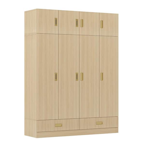 Light Natural Wood 63 in. W 8-Door Big Wardrobe Armoires with Hanging Rod, 2-Drawers, Storage Shelves 82.7 in. H
