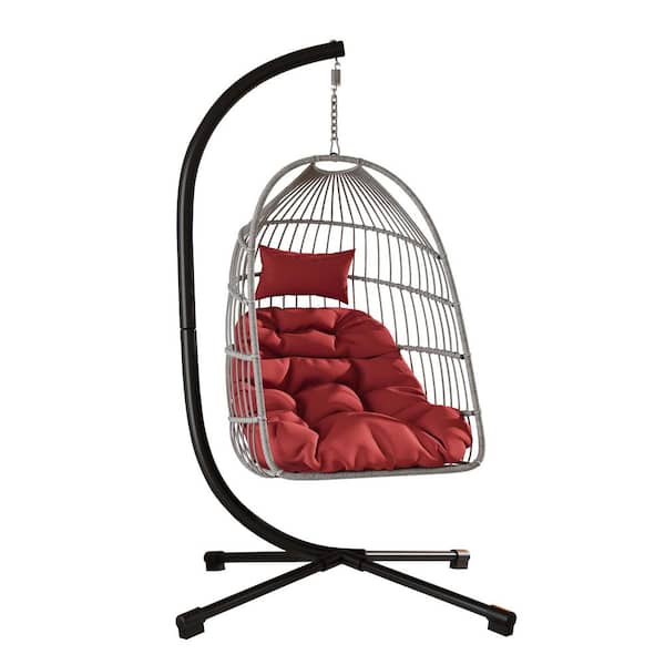 Black Metal Patio Swing with Red Cushion with Stand