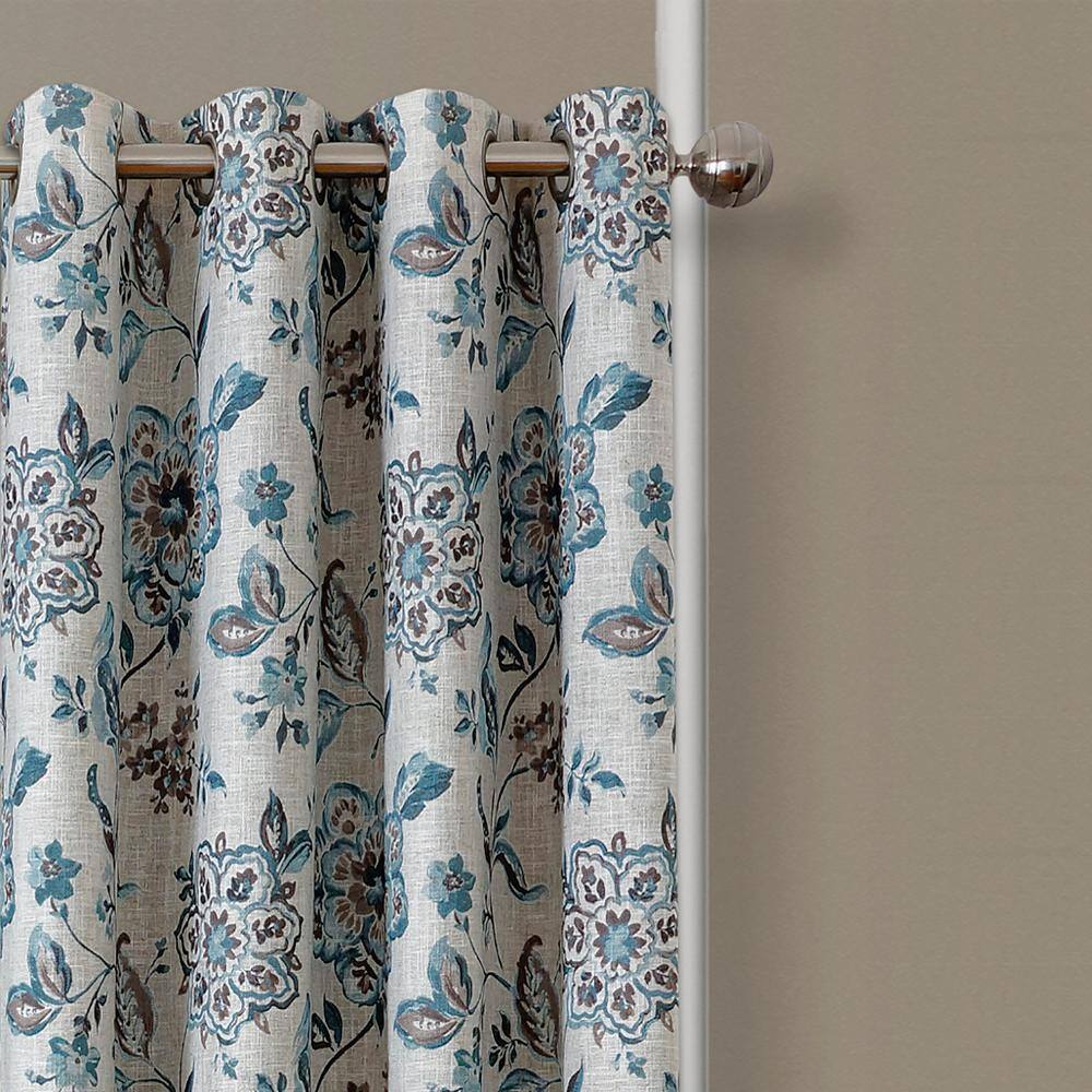 Blue Taupe Floral Blackout Grommet Curtain Panel 52" x 95"