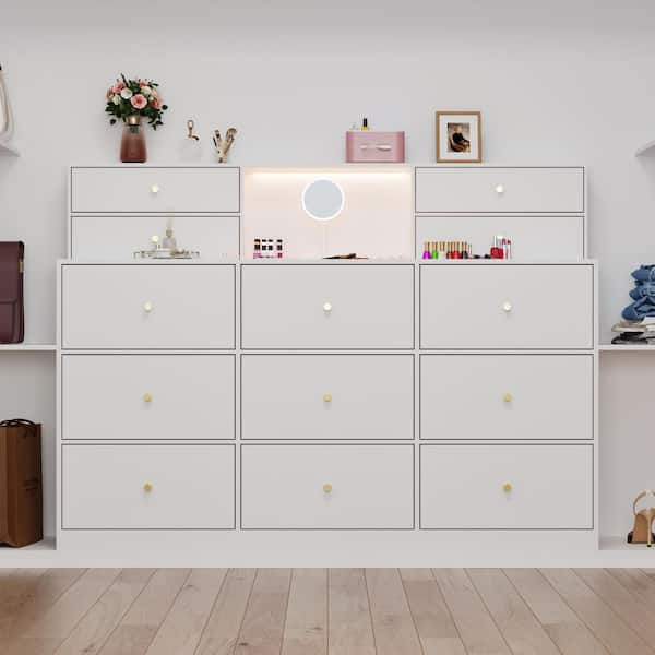 FUFU&GAGA 63 in. W 13-Drawer White Wood Dresser Closet System with Adjustable Lights, 47.2 in. H x 15.4 in. D