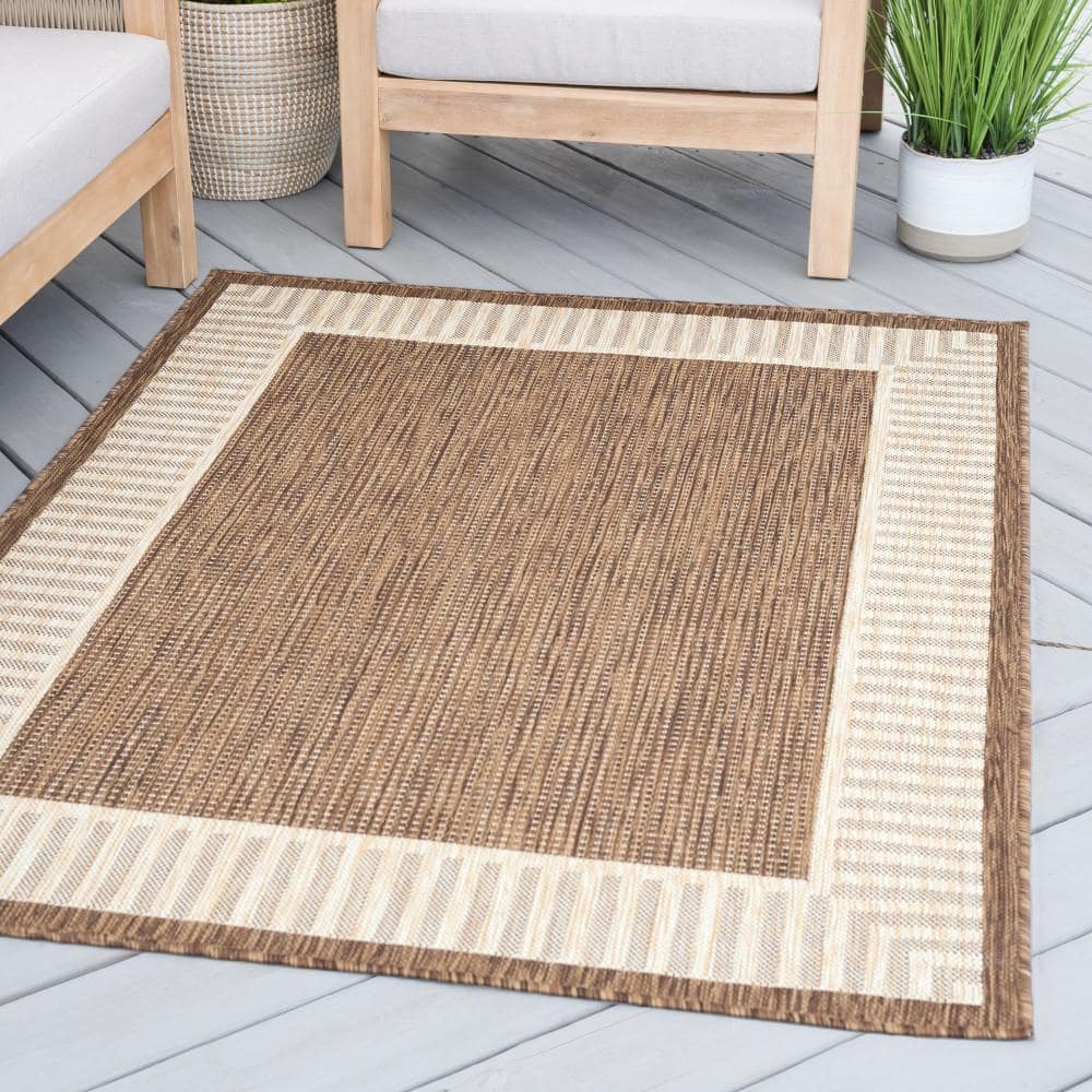 Brown and Beige Synthetic Rectangular Area Rug with Striped Border