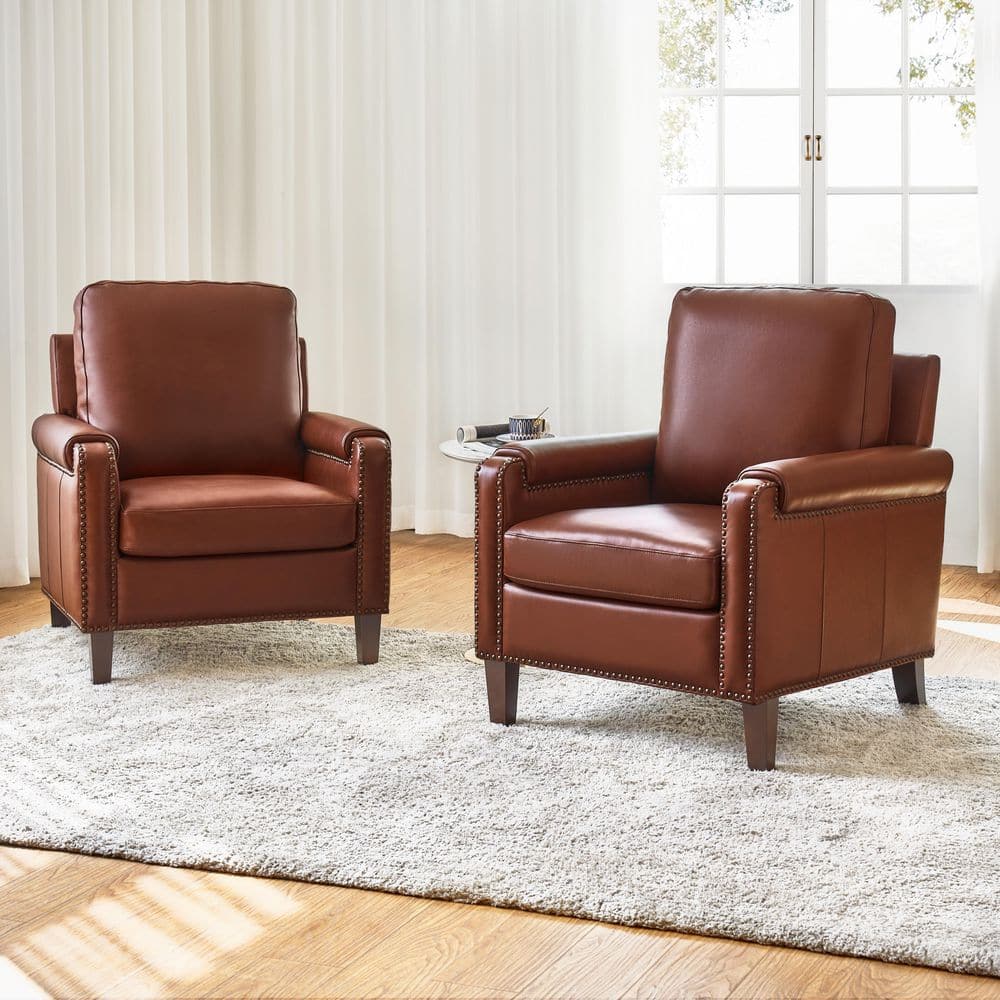 JAYDEN CREATION Leander Brown Genuine Leather Armchair Set of 2