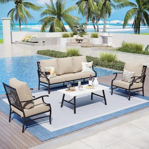 Black 5 Seat 4-Piece Metal Steel Outdoor Patio Conversation Set with Beige Cushions and Marble Pattern Table