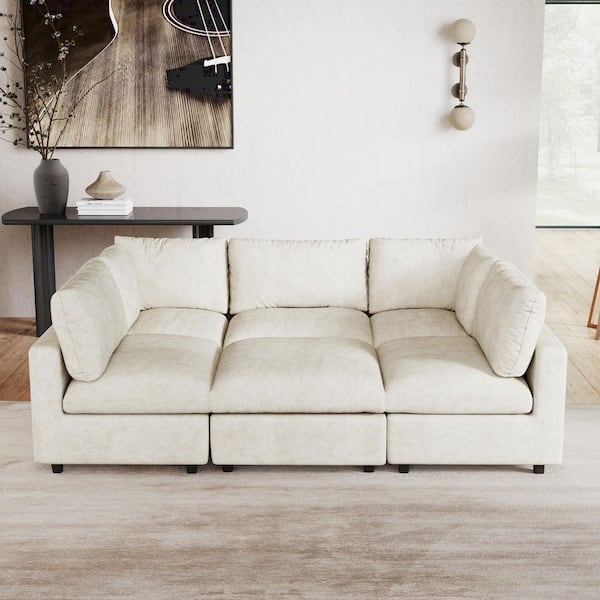 101 in. Modular Beige Chenille Full Size 5-Seat Convertible Sleeper Sofa Bed with Ottoman and Washable Covers