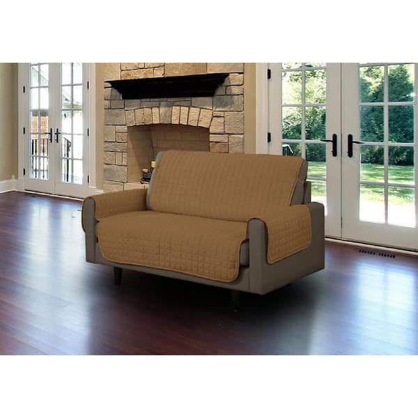 LINEN STORE INC Camel Microfiber Loveseat Pet Protector Slipcover with Tucks and Strap