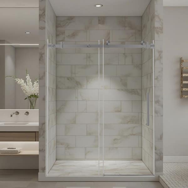 56-60 in. W x 76 in. H Single Sliding Frameless Shower Door in Brushed Nickel with Clear Glass