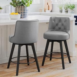 Rowland 26.5 in Seat Height Dark Gray Faux Leather Counter Height Solid Wood Leg Swivel Bar stool（Set of 2）