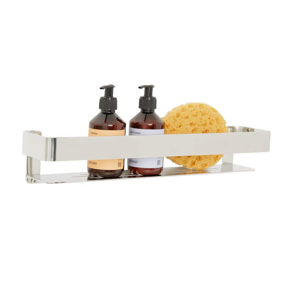 Seachrome 18 in. x 4 in. Rectangular Shower Shelf with Rail in Polished and Natural Teak Wood Insert