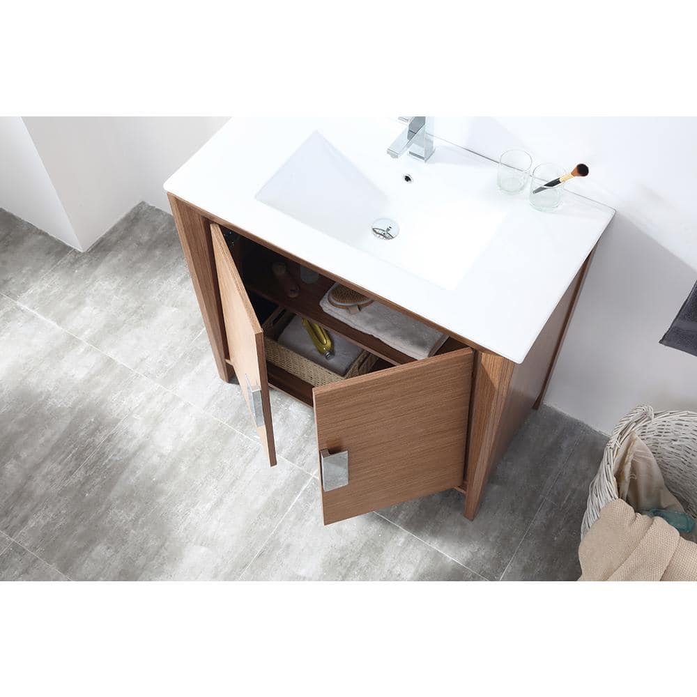 36" Wheat Wood Single Sink Vanity with White Ceramic Top