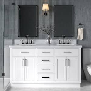 Hepburn 61 in. W x 22 in. D x 36 in. H Bath Vanity in White with White Carrara Marble Vanity Top with White Basins
