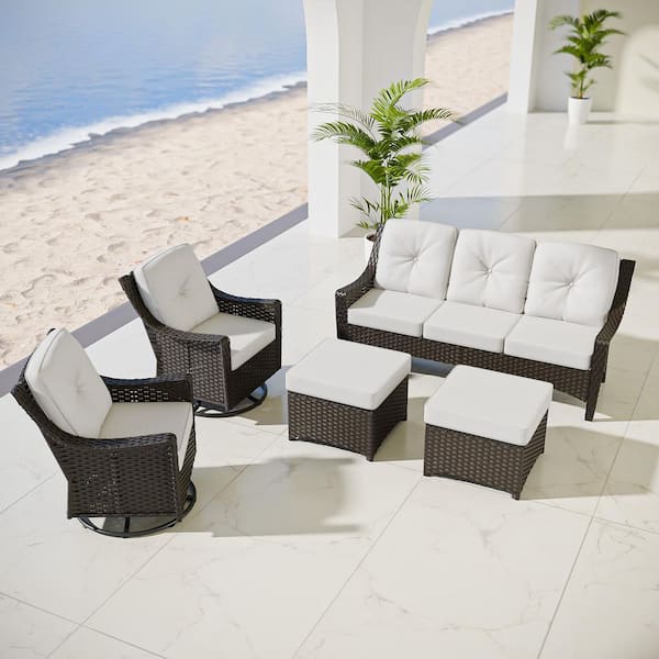 COOS BAY Brown 5-Piece Wicker Patio Conversation Set with Swivel Rocking Chairs, Outdoor Sofa Seating Set with Beige Cushions