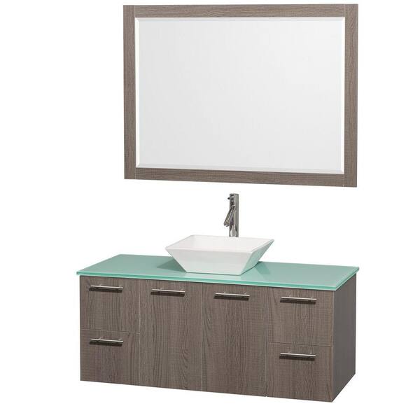 Wyndham Collection Amare 48 in. Vanity in Grey Oak with Glass Vanity Top in Aqua and White Porcelain Sink and Mirror