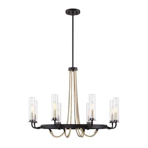32 in. W x 24 in. H 8-Light Vintage Black and Warm Brass Chandelier with Clear Glass Shades