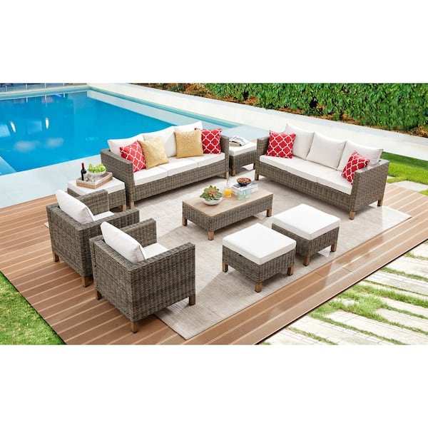 Summax 9-Piece Wicker Patio Conversation Set with Beige Cushions