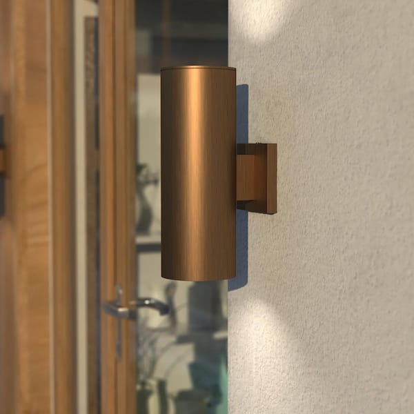 VAXCEL Chiasso 14.25 in. H Warm Brass Outdoor Mid Century Modern 2-Light Outdoor Cylinder Wall Sconce, Up-Down Lighting