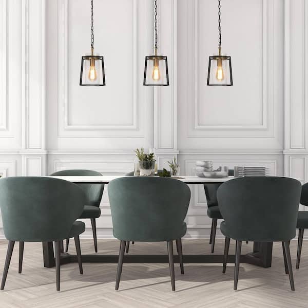 Black and Gold Pendant Light, 1-Light Modern Drum Kitchen Island Pendant Lighting with Seeded Glass Shade