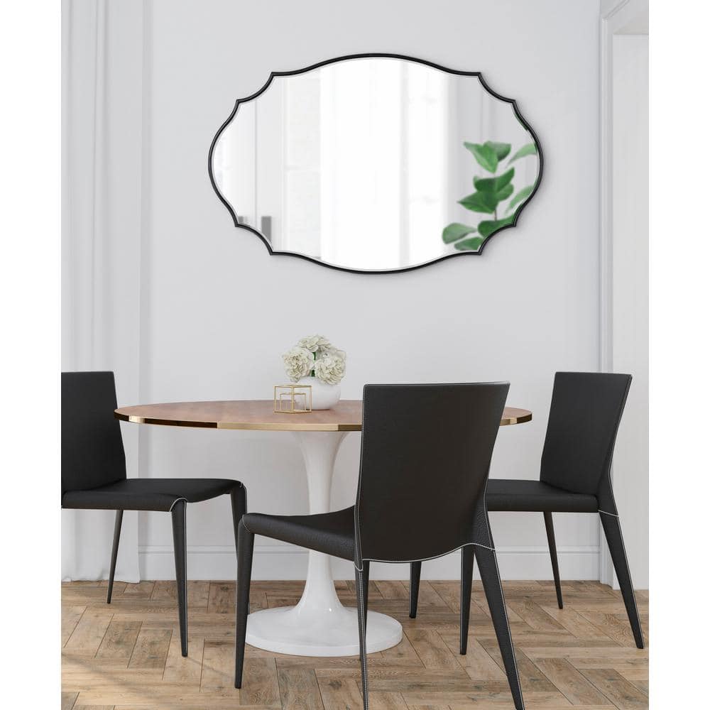 Elegant Full-Length Black Wood Scalloped Rectangular Mirror, 24x36
