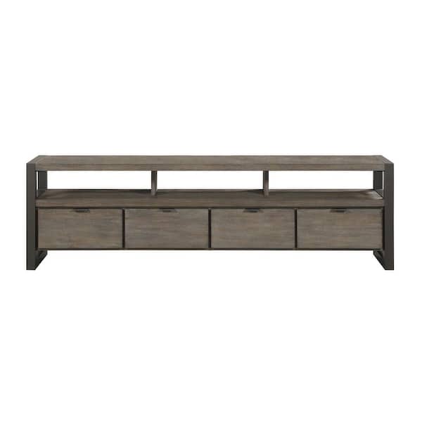 EVERGLADE HOME Aldermont 76 in. Power Glaze Oak and Gunmetal TV Stand with 4-Storage Drawers Fits TV's up to 70 in. with Open Storage
