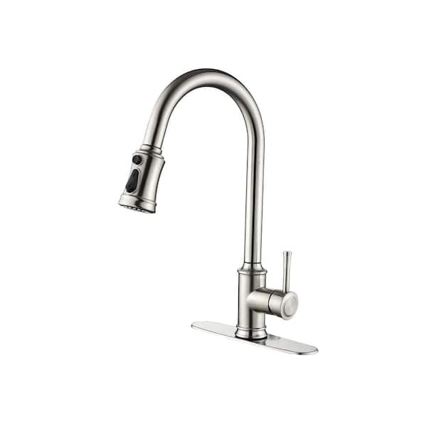 WELLFOR Single Handle Gooseneck Pull Down Sprayer Kitchen Faucet in Brushed Nickel with Deckplate Included Three Spray Modes