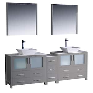 Torino 84 in. Double Vanity in Gray with Glass Stone Vanity Tops in White with White Vessel Sink, Middle Cabinet Mirrors
