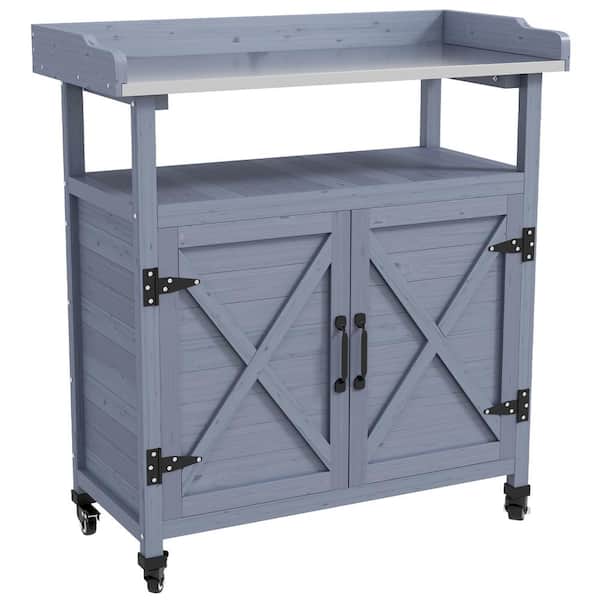 Unbranded Outdoor Wood Storage Serving Cart, Patio Storage Cabinet with Aluminum Tabletop, Rubber Wheels