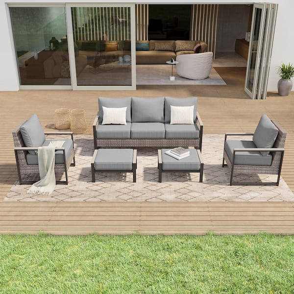 5 Pieces Patio Conversation Set with Ottomans, All-Weather Patio Sofa PE Rattan Gray Wicker with Gray Cushion