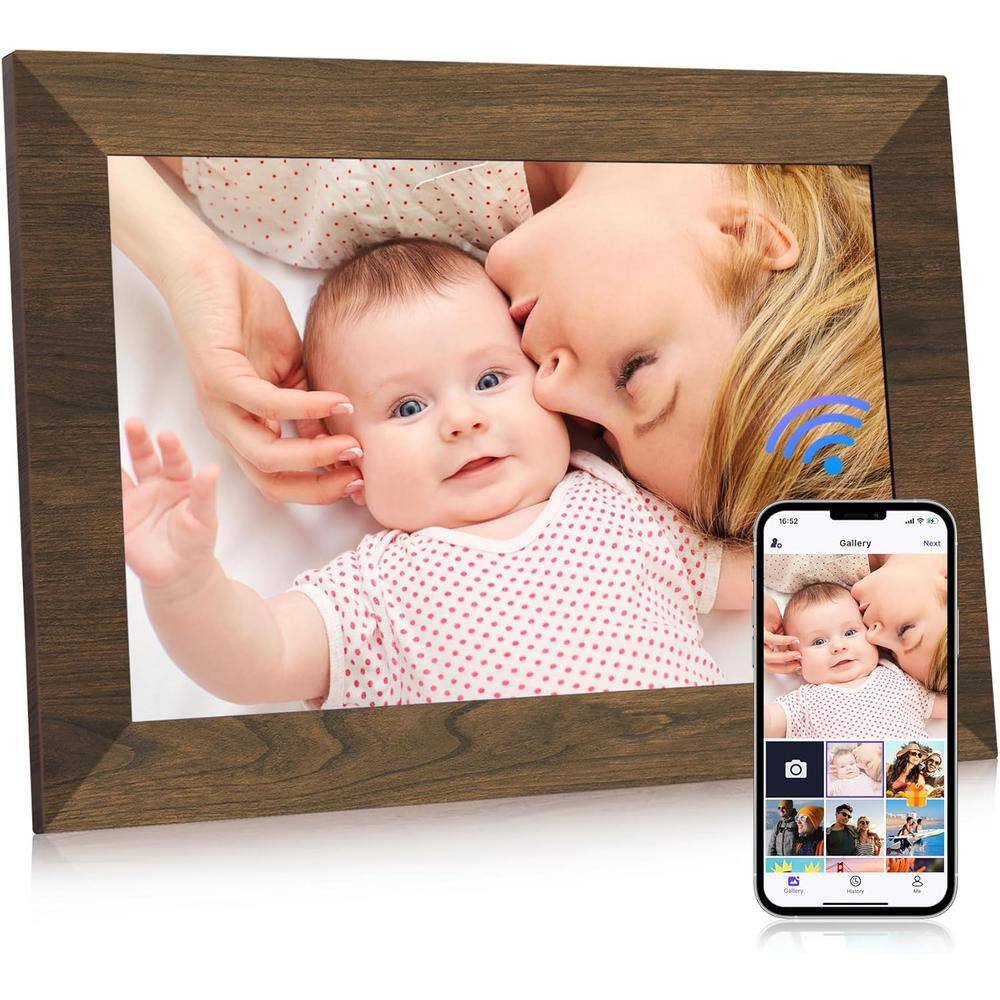 10.1 in. WiFi IPS Touch Screen Digital Photo Frame with 32GB Storage, SD Card Slot, Auto-Rotate in Wood Grain - (1-Pack)