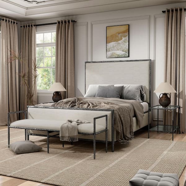 Parto 4-Piece Modern Forged Metal Gray Queen Bedroom Set with Bench