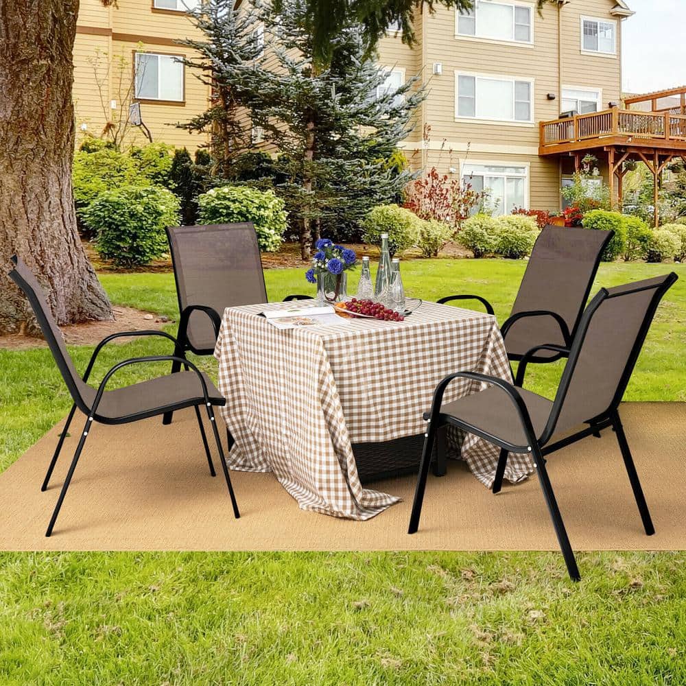 Brown Stackable Patio Dining Chairs with Curved Armrests