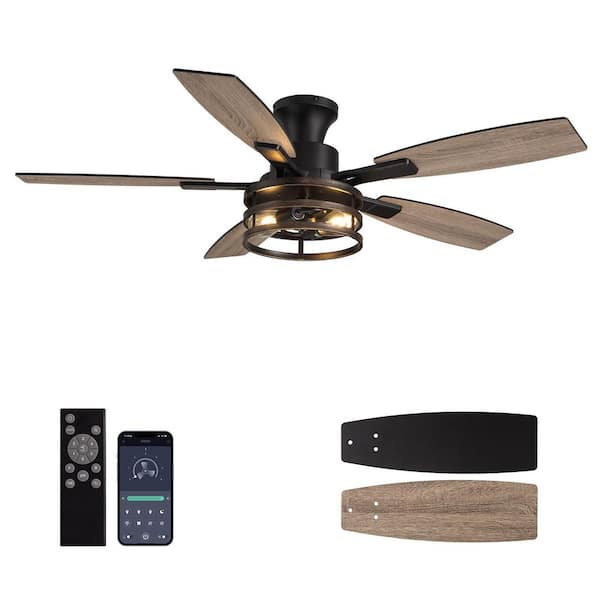 52 in. Farmhouse Caged Flush Mount Ceiling Fan with Light with Remote, Walnut or Black Reversible Blades for Indoor