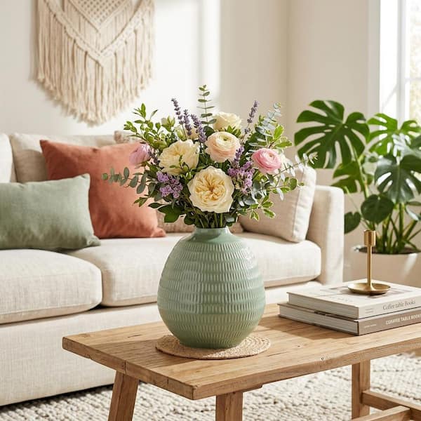 7 in. Dark Sage Green Stoneware Oval Stripe Decorative Vase