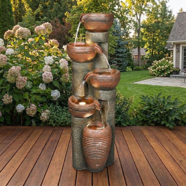 Rustic 39. 7in. H Polyresin Waterfall Floor Tiered Fountain with LED Lights for Garden, Patio, Deck, Porch, Yard Decor