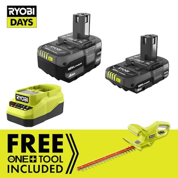 ONE+ 18V Lithium-Ion Starter Kit with 2.0 Ah Battery, 4.0 Ah Battery, Charger, and FREE ONE+ 18” Cordless Hedge Trimmer
