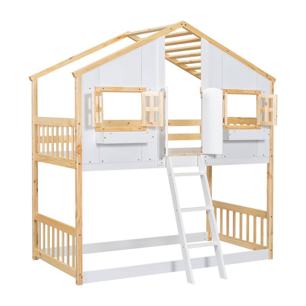 Natural and White Wood Twin over Twin Bunk Bed with Roof and Window price history on PriceWatchPro