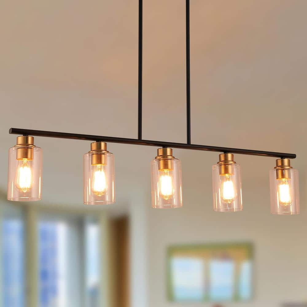 YANSUN 5-Light Black and Gold Farmhouse Kitchen Island Pendant Lighting ...