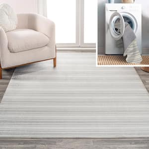 Fawning Cream/Light Gray 3 ft. x 5 ft. 2-Tone Striped Classic Low-Pile Machine-Washable Area Rug