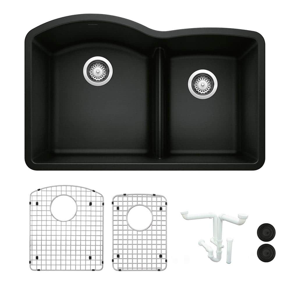 Diamond 32.07 in. Undermount Double Bowl Coal Black Granite Composite Kitch