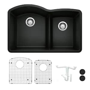 Diamond 32.07 in. Undermount Double Bowl Coal Black Granite Composite Kitchen Sink Kit with Accessories
