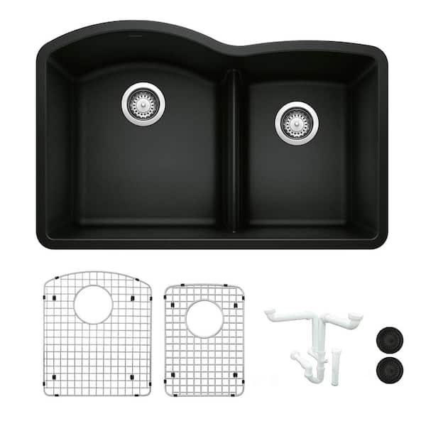 Blanco Diamond 32.07 in. Undermount Double Bowl Coal Black Granite Composite Kitchen Sink Kit with Accessories
