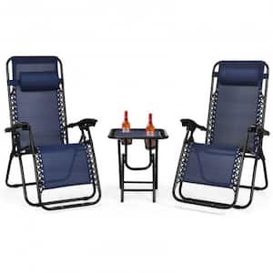Navy Portable Zero Gravity Reclining Lounge Chairs Table (Set of 3)
