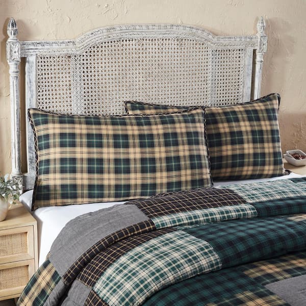 Pine Grove Green Black Tan Rustic Plaid Cotton King Sham