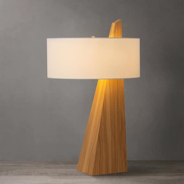 NOVA of California 29 in. Obelisk Table Lamp Natural Ash Wood Finish, White Cotton-Linen Shade