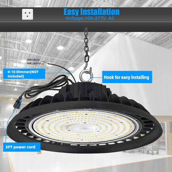 Honbei 11 in. 450-Watt Equivalent Integrated LED Dimmable Black High Bay Light, 5000K UFO High Bay Lights with US Plug 5' Cable