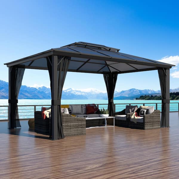 16 ft. x 12 ft. Aluminum Gazebo Polycarbonate Double Top Roof with Black Netting